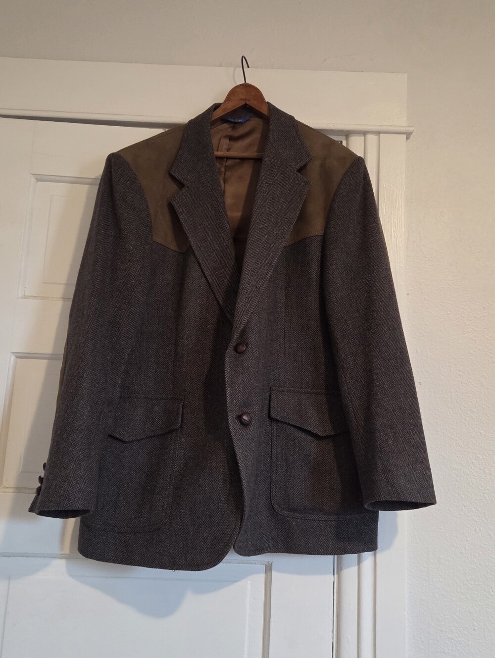 Vintage Pendleton Herringbone Western Blazer Mens 44 Wool Tweed Leather Yoke USA